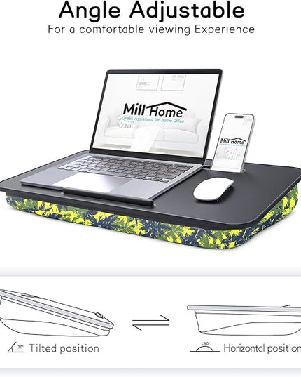 Millhome Lap Desk | Portable Laptop Desk – Fits Up to 17.3" Laptops – Detachable & Washable Cushion, Phone Holder, Device Ledge – for Writing, Working, Reading on Bed, Couch, Sofa, Floor – Green Palm