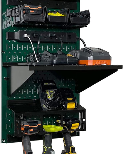 Wall Control Power Tool Storage Organizer Kit Cordless Drill Holder Charging Station Rack 16” x 32” Metal Pegboard Organization System (Green Pegboard)