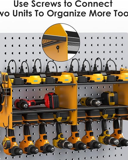 CCCEI Modular Power Tool Organizer Wall Mount with Charging Station. Garage Drill Storage Shelf with Hooks, Heavy Duty Rack, Tool Battery Holder Built in 8 Outlet. Gift for Men. Yellow, 1 Pack.