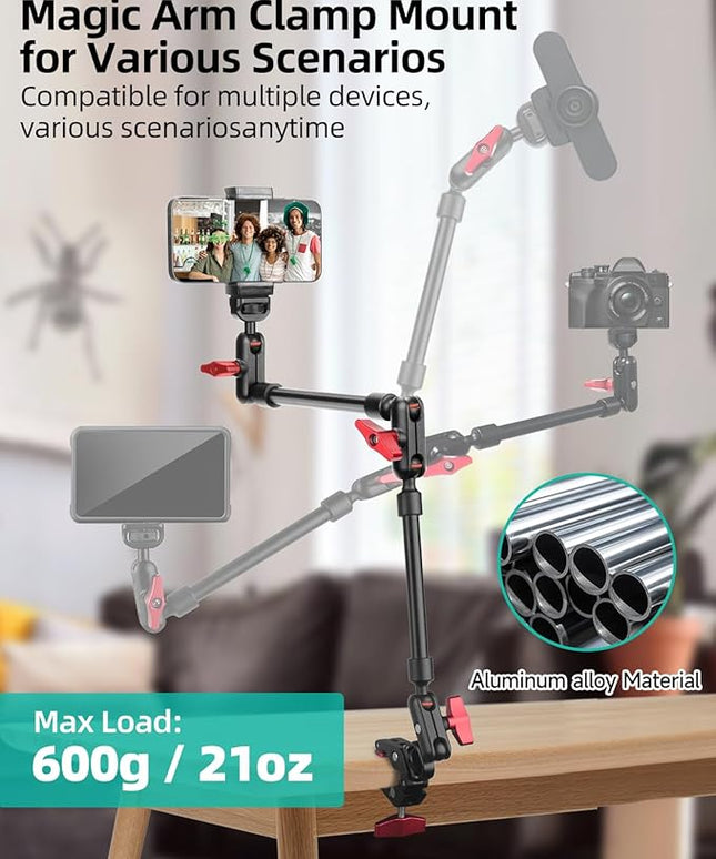22" Magic Arm w Clamp Mount, Overhead Desk Phone Mount Stand, Adjustable Articulating Friction Camera Boom Arm w 1/4" Thread for Phone Video Light Webcam Action Camera Tripod Mic