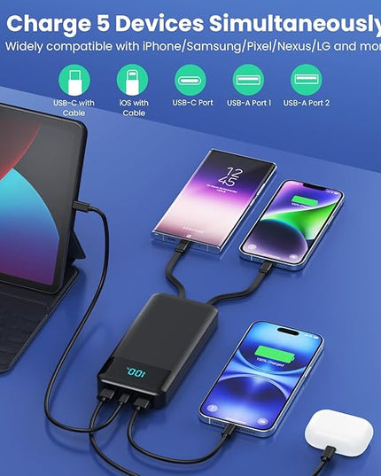 Portable Charger Power Bank 40800mAh with 3 Built-in Cables,25W Fast Phone Charging Portable Battery Pack,5 Outputs Travel Essentials Outdoor External Battery for iPhone 17/16,Galaxy Android etc-Black