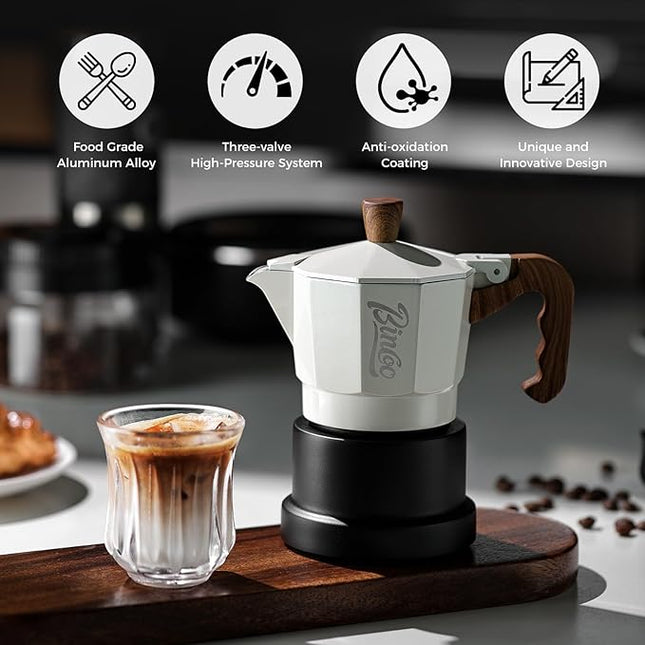 Bincoo Three Valve Espresso Maker Stovetop,Camping Moka Pot 2 Cup/120ML,Stove Top Espresso Italian Coffee Maker