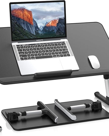 SAIJI PU Leather Laptop Bed Tray Table, Adjustable Laptop Stand with Removable Stopper, Portable Lap Desks with Foldable Legs, Notebook Stand Breakfast Reading Desk for Sofa Couch(Large, Black)