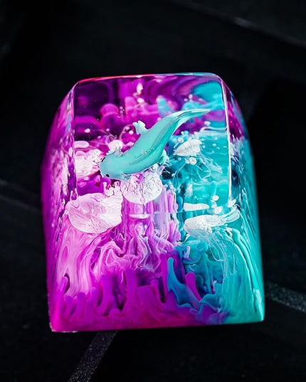 Blue Axolotl Artisan Keycap with Purple and Blue Ocean R1 SA Profile Custom Animal Axolotl Keycap 1U ESC Handmade Resin Compatible with Cherry MX Mechanical Keyboard for Axolotl Lover