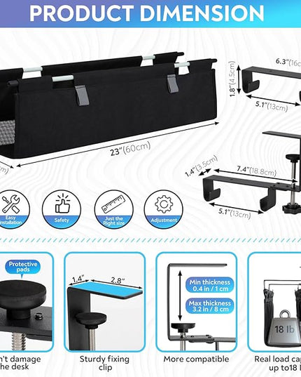 Under Desk Cable Organizer with Mesh Slot for Ventilation, Quick Mount with Clamp or Screws to Hold Fabric Cable Tray, Kit for Tidy Cord & Wire Management for Home Office Standing Desk