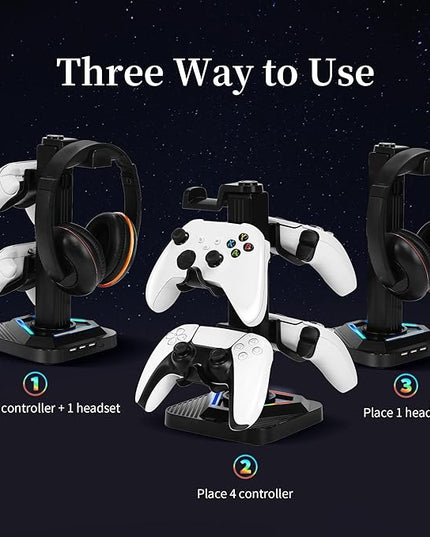 RGB Gaming Headphone Stand, Controller Holder & Headset Holder for Desk, Headphone and Controller Stand with 3 USB Ports, Suitable for PC Earphone Accessories, Gift for Men Boyfriend