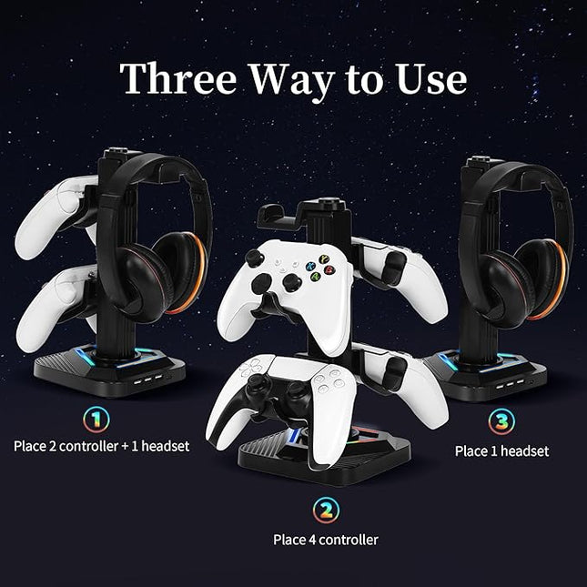 RGB Gaming Headphone Stand, Controller Holder & Headset Holder for Desk, Headphone and Controller Stand with 3 USB Ports, Suitable for PC Earphone Accessories, Gift for Men Boyfriend