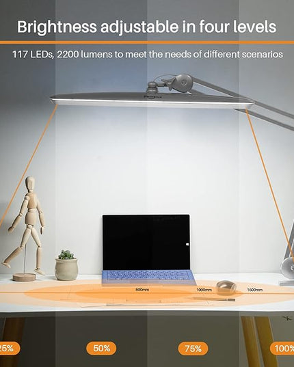 Task Lamp with Clamp, Bright 117PCS LEDs, Metal Swing Arm 24W 2200 Lumen Dimmable Led Desk Lamp for Architect Home Office Study Reading Dorm Workbench Craft, 23 Inch Working Lamp(Silver)
