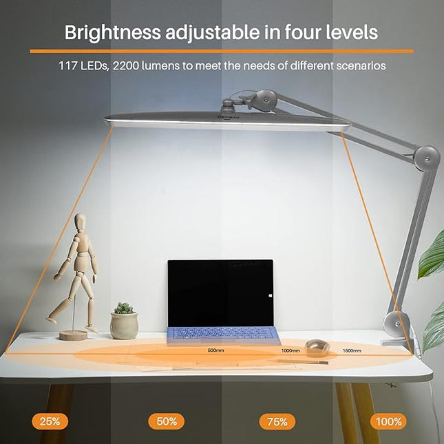 Task Lamp with Clamp, Bright 117PCS LEDs, Metal Swing Arm 24W 2200 Lumen Dimmable Led Desk Lamp for Architect Home Office Study Reading Dorm Workbench Craft, 23 Inch Working Lamp(Silver)