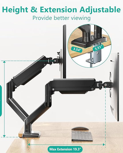 WALI Dual Monitor Stand for 17-32 inch Computer Screens, Dual Monitor Arms for 2 Monitors Holds up to 22 lbs, Height Adjustable Gas Spring Dual Monitors Mount, VESA 75x75/100x100mm (GSMP002N), Black