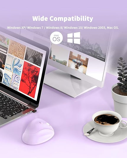 Ergonomic Wireless Mouse with USB Receiver for PC Computer, Laptop and Desktop, Ergo Mouse Vertical with Silent Clicks Long Battery Life, Up to 1600 DPI & 1 AA Battery Powered, Purple
