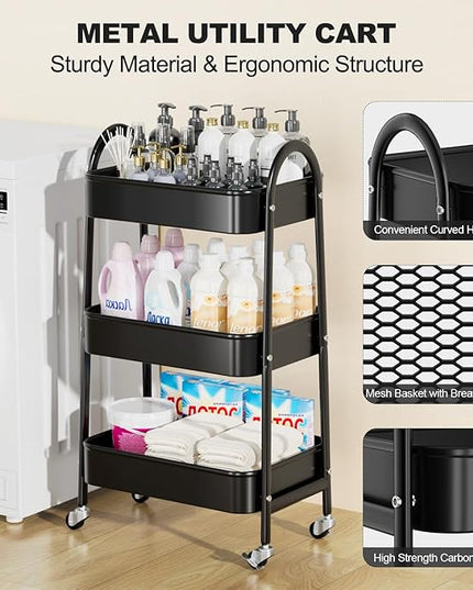EAGMAK 3 Tier Rolling Cart, Large Metal Storage Cart with Handle and Lockable Wheels, Big Multifunctional Storage Organizer Trolley with Mesh Baskets for Kitchen, Living Room, Office, Garage (Black)
