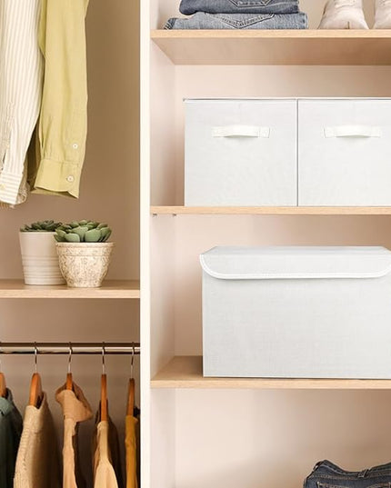 Large 17" 42 Quarts Collapsible Stackable Storage Bins with Lids [3-Pack] Foldable Fabric Linen Storage Boxes Cube, Closet Organizer Baskets with Label (16.7 x 12 x 12, White)
