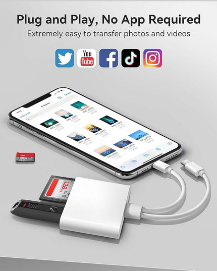 SD Card Reader for iPhone iPad Built-in Dual Cords (Lightening, USB-C) Card Reader with SD MicroSD USB-A 3 Slots Trail Camera Memory Card Viewer Portable No App Required Plug and Play - White