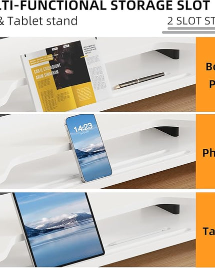 2 Tier Dual Monitor Stand Riser,Wider Board Computer Monitor Stand for 2 Monitors,Slot For Phone/Tablet Office Desktop Organizer for Laptop,PC,Computer,Printer,White