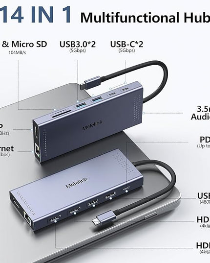 USB C Docking Station Dual Monitor, 14 in 1 Triple Display USB C Hub Multiport Adapter with 2 HDMI 4K,DisplayPort,PD Charging,Ethernet,6 USB C&A Ports,SD/TF, Laptop Docking Station for Dell/HP/Lenovo