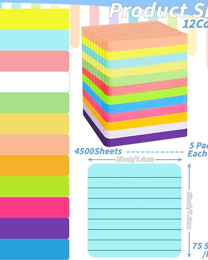 60 Pads Round Corner Lined Sticky Notes 3x3 in Post, 12 Bright Colors Self-Stick Note Pads it, Strong Adhesive Paper Memo Pads, 75 Sheets/Pad, Colored Note Pad Easy to Post for Home, Office, Notebook