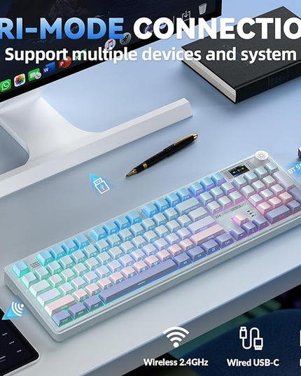 LINGBAO K108 Pro Wireless Mechanical Keyboard with Screen & Knob, Full Size Creamy Keyboard with Number Pad, 10000mAh Battery, PBT Keycaps, RGB Backlit, Hot-swappable Gaming Keyboards