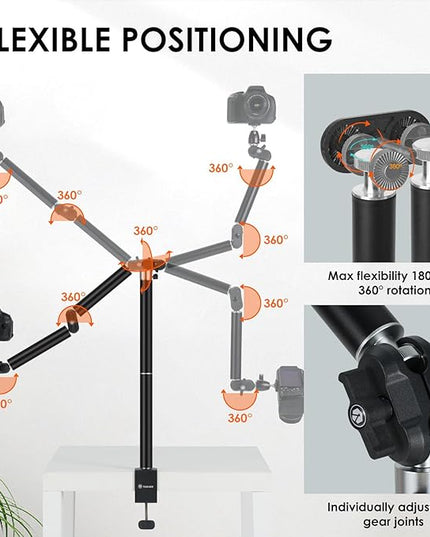 TARION Camera Desk Mount Overhead: Articulated Camera Arm Stand with Clamp 3/8'' 1/4'' Screws Adjustable Table Mount Flexible Gear Joints for DSLR, Phone, Projector TKA01-L (Upgraded Version)