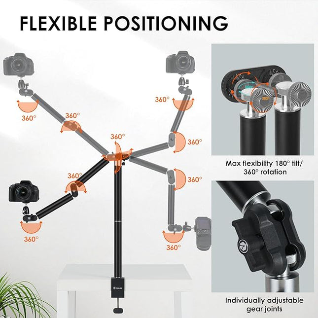 TARION Camera Desk Mount Overhead: Articulated Camera Arm Stand with Clamp 3/8'' 1/4'' Screws Adjustable Table Mount Flexible Gear Joints for DSLR, Phone, Projector TKA01-L (Upgraded Version)