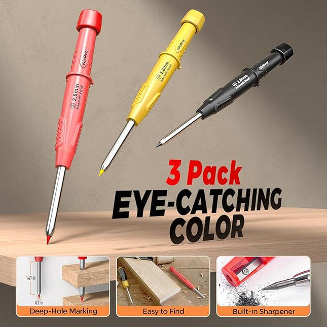 Nicpro 36PCS CP3000 Mechanical Carpenter Pencil Set with Sharpener & Sheath, Lead Refills, Long Nib Marker, Center Punch, Carbide Scribe Tools, Heavy Duty Construction Pencil for Architect Woodworking