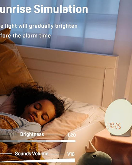 Wake Up Light Sunrise Alarm Clock for Kids, Heavy Sleepers, Bedroom, with Sunrise Simulation, Sleep Aid, Dual Alarms, FM Radio, Snooze, Nightlight, Daylight, 7 Colors, 7 Natural Sounds, Ideal for Gift