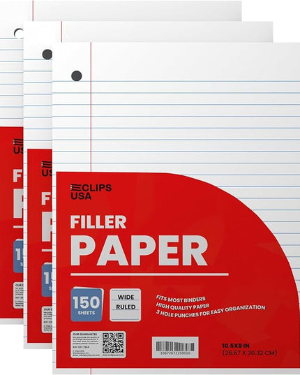 Wide Ruled Loose Leaf Paper Wide Ruled Notebook Paper Lined Writing Filler Paper 10.5” x 8” 56 gsm 450 Sheets 150 Sheet Per Pack (3 Pack)