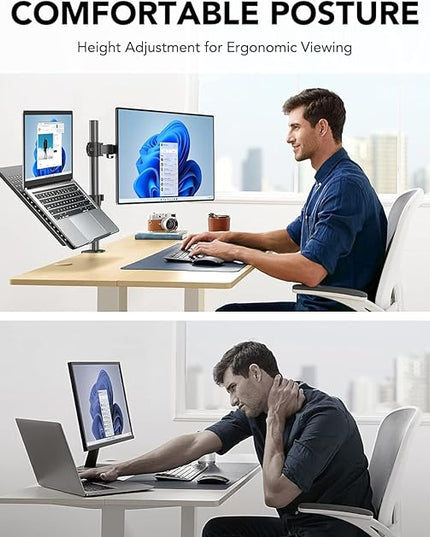 HUANUO Adjustable Monitor Stand, Single Arm Desk Mount for 32 inch Screen and 17 inch Laptop, Heavy Duty Ergonomic Bracket Holds 22lbs