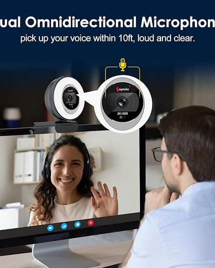 Angetube Webcam, 2K Streaming Webcam with Ring Light, HDR Laptop Camera with Remote, Dual Stereo Microphone and Privacy Cover, Auto Focus 5X Zoom in, Computer Camera for Zoom/Skype/Teams/Webex