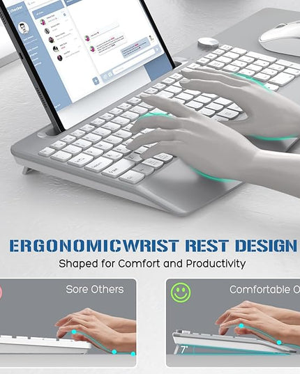 JOYACCESS Ergonomic Wireless Keyboard and Mouse, Full Size Wireless Keyboard Designed with Phone Holder and Wrist Rest,Volume Roller for Computer Mac PC Laptop-Silver