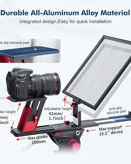 Desview TP150 teleprompter 15 inch High Display Mirror Aluminum Alloy Teleprompter with Remote Control Compatible with ipad DSLR Camcorders Easy Assembly with Carry Case for Video Making