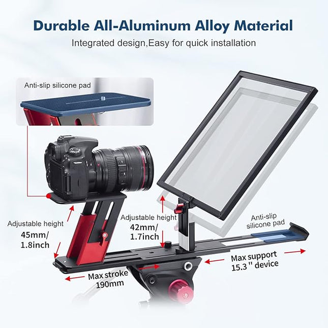 Desview TP150 teleprompter 15 inch High Display Mirror Aluminum Alloy Teleprompter with Remote Control Compatible with ipad DSLR Camcorders Easy Assembly with Carry Case for Video Making
