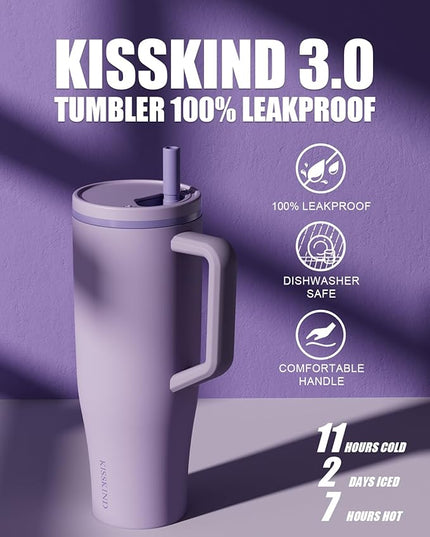 KISSKIND 40 oz Tumbler with Handle and Straw | Lumi Spin Hidden Straw 100% Leakproof Insulated Tumbler | Stainless Steel Water Bottle for Mom, Nurse, Teacher | Lavender