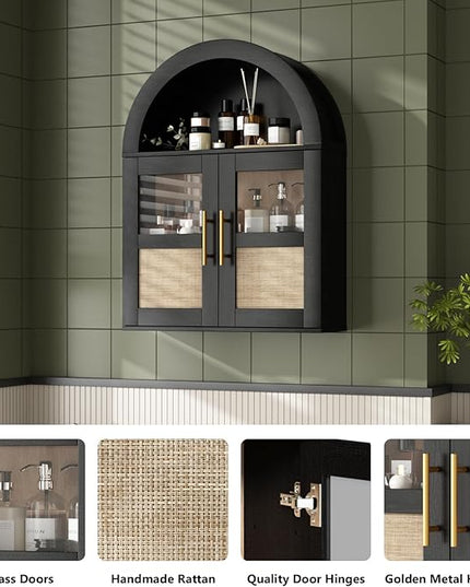 RUSTOWN Arched Bathroom Wall Cabinet, Rattan Medicine Cabinet with 2 Glass Doors, Farmhouse Over The Toilet Storage Cabinets with Adjustable Shelves, 3-Tier Wall Mounted Cabinets