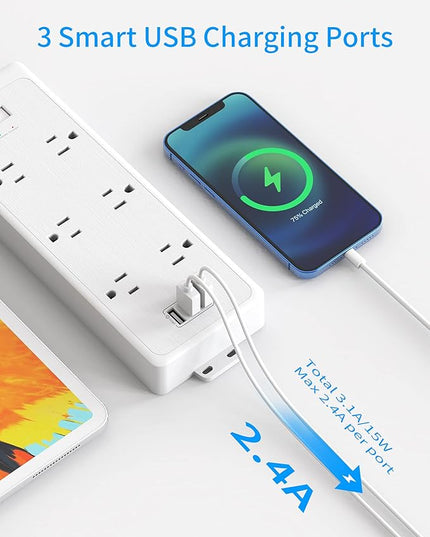 6 Super Wide Spaced Outlet Surge Protector Power Strip with USB, 10 ft Extension Cord Flat Plug Surge Protector Wall Mount, 1700 Joules, 1875W, 15A Circuit Breaker for Home Office Accessories, White
