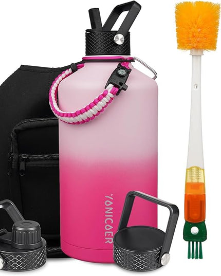 Insulated Water Bottle 128oz,Triple Wall Vacuum Stainless Steel(Dishwasher Safe),Leak Proof & Non-BPA,Flask Jug with Paracord Handle & Straw Spout Lids Sports Cherry Blossom