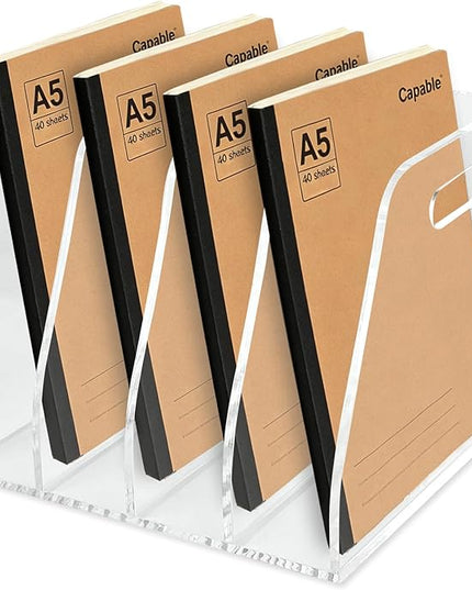 4-Tier Clear Acrylic File Holder, Vertical Document Organizer for Magazines, Binders, Notebooks & Envelopes - Multi-Purpose Desk Storage for Home Office（B5,4 Sections）