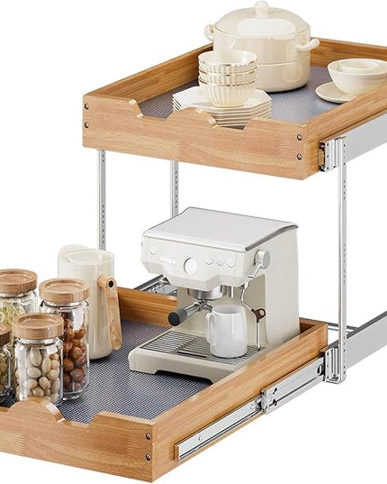 OCG 2 Tier Pull Out Cabinet Organizer (17"W x 21"D), Double Tier Slide out Wood Drawer Shelf, Pull Out Shelves for Base Cabinet Organization in Kitchen, Pantry, Bathroom