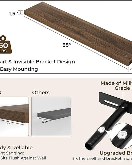 RICHFOCUS 55Inch Floating Shelves for Wall 1 Pack Shelves for Bedroom|Kitchen|Bathroom Wall Mounted Rustic Wood Floating Shelf with Invisible Brackets for Books|Storage|Decor, Walnut