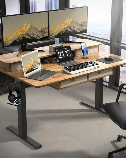 63 * 30 Inches Electric Standing Desk Adjustable Height with 4 Drawers, Double Storage Shelves, Home Office Workstation Sit Stand up Desk (Light Rustic Brown)