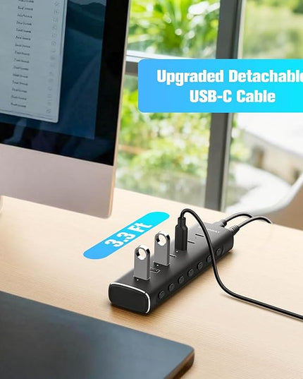 Rosonway 7 Ports Powered USB 3.2/USB C Hub 10Gbps with 4 USB-C 3.2, 3 USB-A 3.2 Ports, 3.3ft Cable and 36W(12V/3A) Power Adapter, Aluminum USB Splitter for Laptop, RSH-H7C4