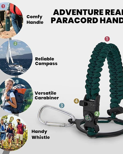Insulated Water Bottle 40 oz, Triple Wall Vacuum Stainless Steel (Cold for 48 Hrs), Leak Proof & Non-BPA, Modern Water Flask Jug with Paracord Handle & Straw Spout Lids, Dark Green