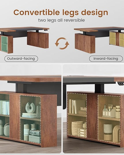SEDETA 63" Executive Standing Desk with Storage, Executive Height Adjustable Desk with Power Outlets, Large Computer Office Desk with Privacy Panel for Home Office, Warm Golden Brown