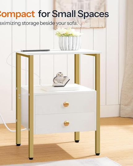 HOOBRO End Table with Charging Station, Bedside Table with 2 Drawer & USB Port & Type-C Port, Nightstand for Small Spaces, Stable and Sturdy, for Living Room, White and Gold DW43UBZ01
