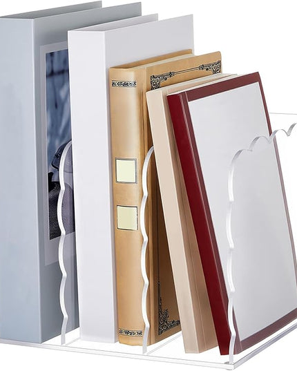 Suzile Scalloped Acrylic Magazine Holder Holder, 3-Compartment 4mm Thick, Clear Desk Organizer Vertical Bookends 8.5 x 7.3 x 6.5 Inches for Office, Documents, Tablets, Magazines, Books