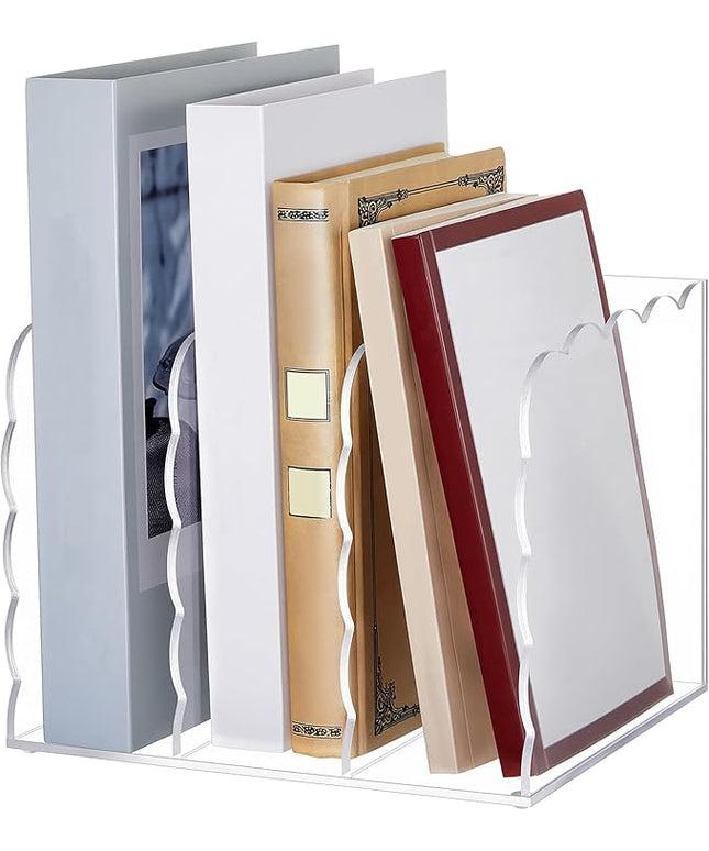 Suzile Scalloped Acrylic Magazine Holder Holder, 3-Compartment 4mm Thick, Clear Desk Organizer Vertical Bookends 8.5 x 7.3 x 6.5 Inches for Office, Documents, Tablets, Magazines, Books