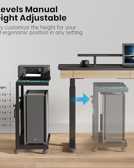 EUREKA ERGONOMIC PC Stand Computer Cart Frosted Glass, Height Adjustable Tower Stand 2-Tier Suit for ATX Case Printer, Metal Rolling Cart on Wheels for Gaming Home Office, Black
