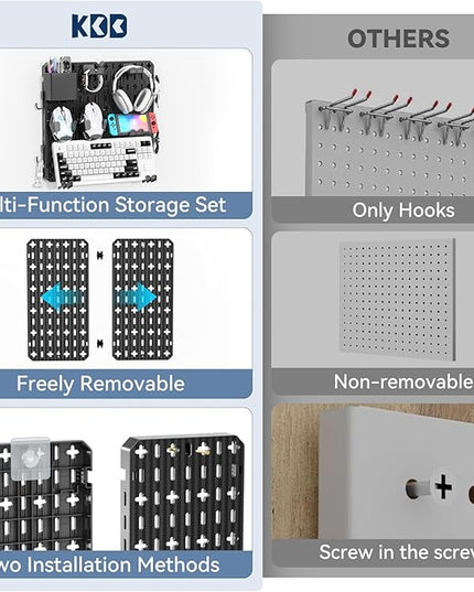KDD Pegboard Combination Kit, Wall Mount Organization Peg Board with Mouse & Keyboard Holder, Pen Holder, Hooks, Headset & Controller Stand - Modular Hanging Organizer Accessories