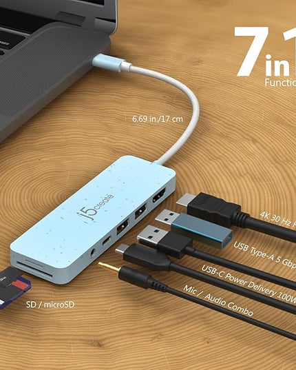 j5create USB-C Multi-Port Hub with Power Delivery with 4K HDMI/2 USB-A 5Gbps/PD 100W Charging SD&Micro SD/3.5mm Audio | for MacBook Pro&Air/iPad Pro/iMac/Surface/XPS/Thinkpad/Galaxy/and More(JCD373EW)