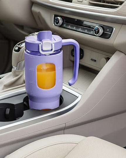 32oz Glass Tumbler with Straw Handle and 2-IN-1 Sip & Spout Lid, Reusable Iced Coffee Cup for Smoothie, Matcha, Leakproof Glass Water Bottle with Straw and Silicone Sleeve, BPA Free-Purple